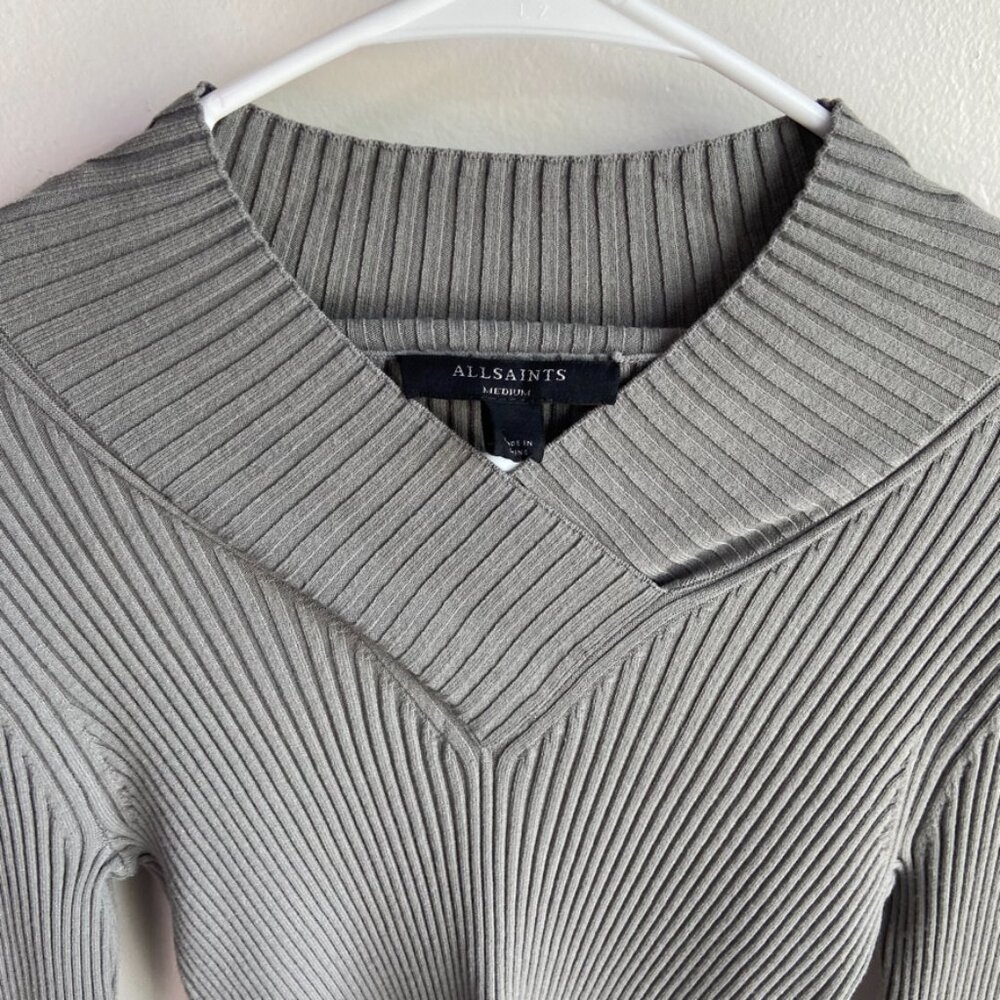 All Saints Grey Ribbed V-Neck Sweater - Picture 11 of 12